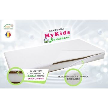 MyKids - Saltea pentru patut Bumbacel din Bumbac, 120x60 cm, 8 cm Cocos-Spuma-Cocos-Bumbac, Alb